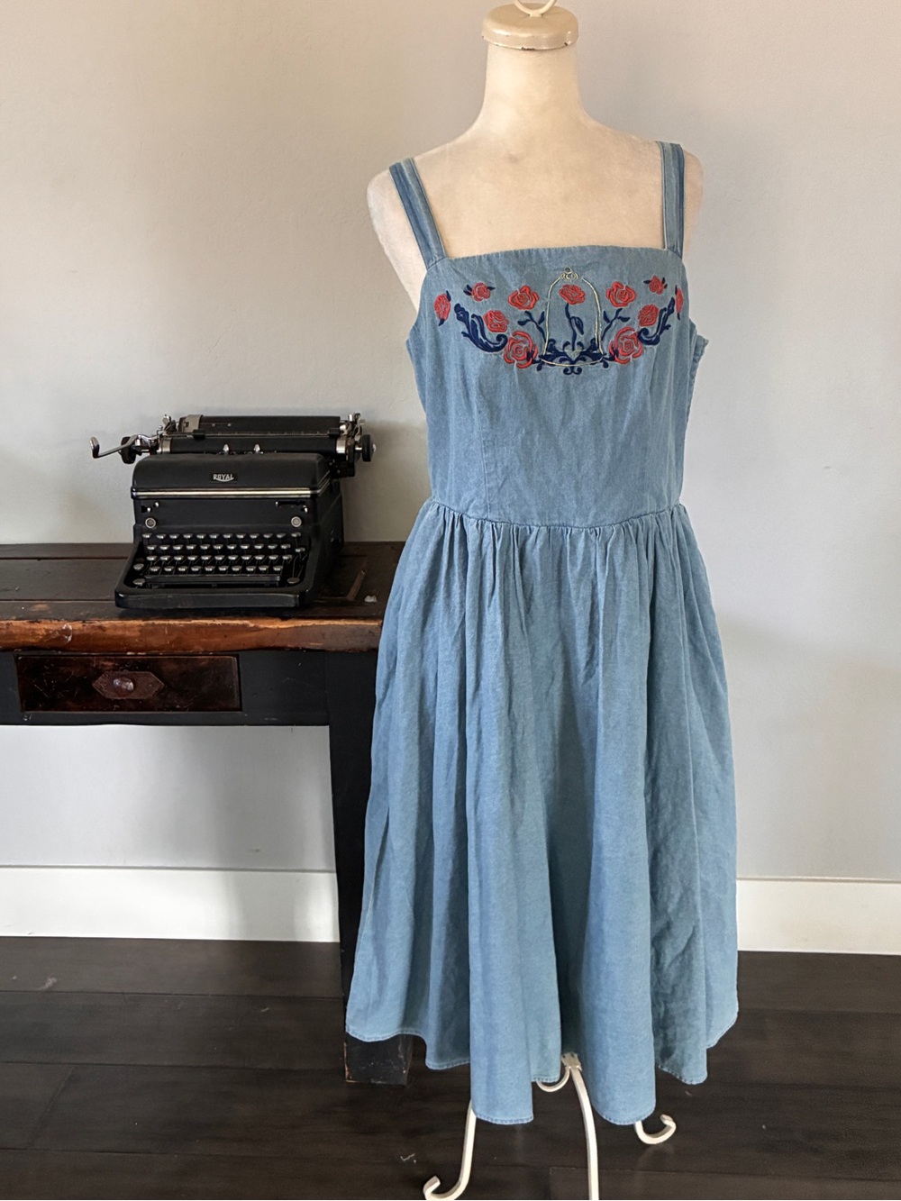 Disney Belle Beauty and The Beast Enchanted Rose Denim Sundress- Size Large - Picture 2 of 16